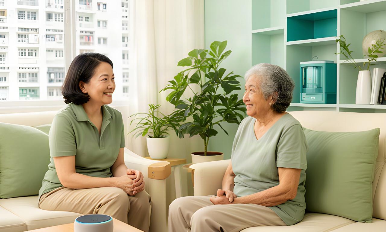 Adult daughter and her older parent talking beside a smart home assistant in a bright Singapore HDB flat living room