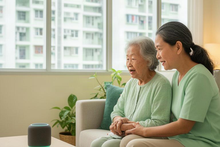 An older woman and her adult daughter using a voice assistant together in a bright Singapore HDB living room