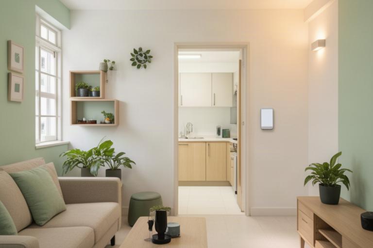 Bright compact Singapore HDB living room with a connected lighting control beside the entry to a small kitchen