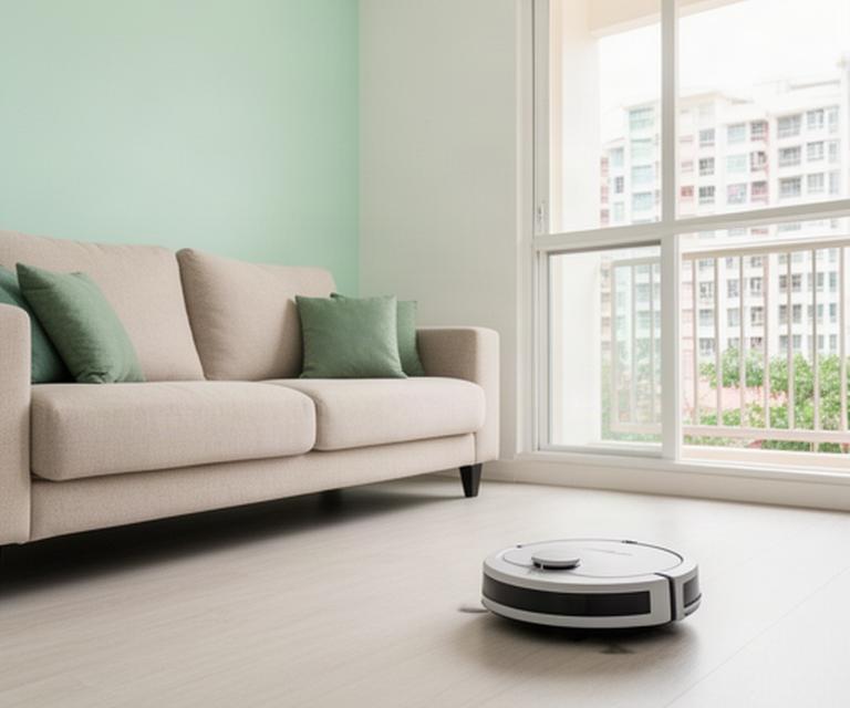 Compact cleaning robot moving across a bright Singapore HDB living room beside a sofa and balcony window