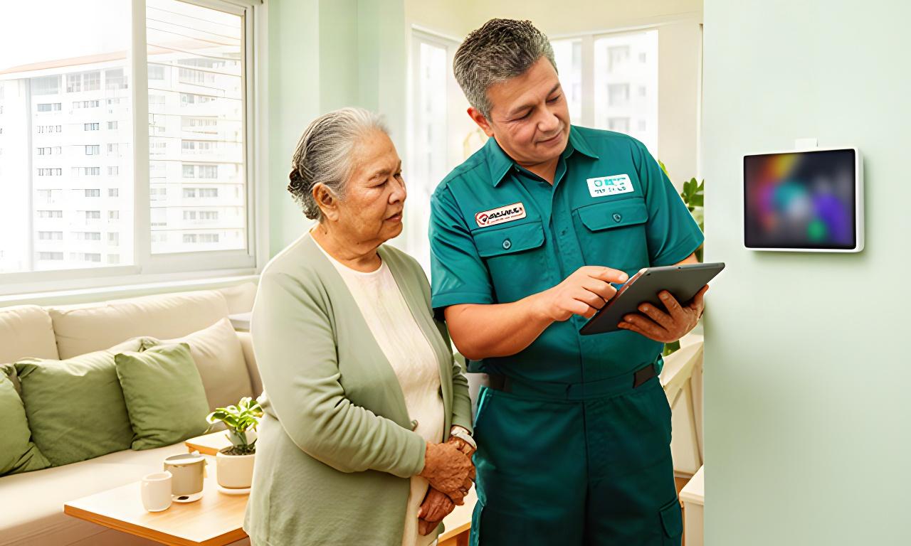 Technician reviewing a smart home control panel with an older resident in a bright Singapore HDB living room